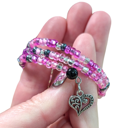 Pink Hawaii Memory Wire Bracelet with Heart Charm