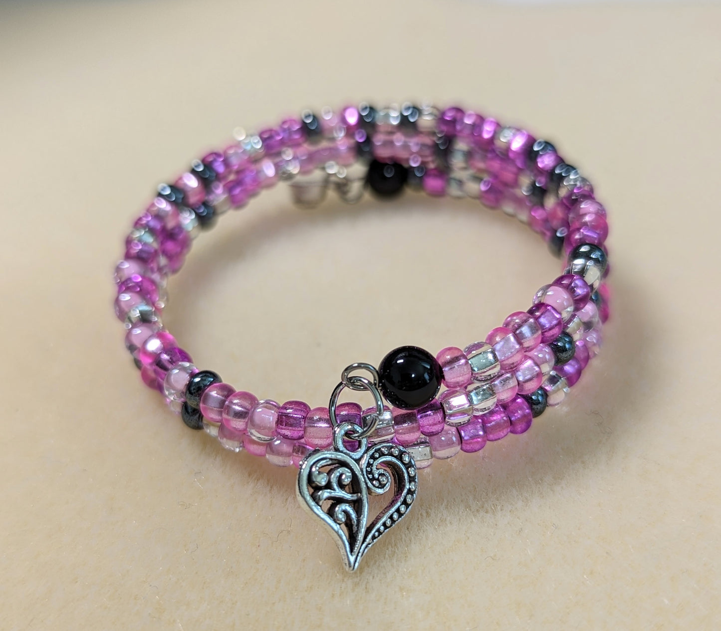 Pink Hawaii Memory Wire Bracelet with Heart Charm