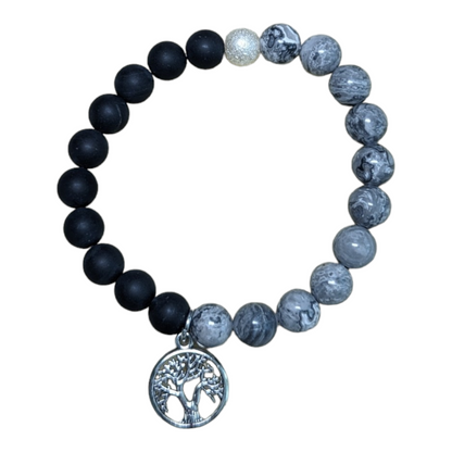 Matte Black Onyx & Map Jasper Grey Beaded Stretch Bracelet - Choose Your Favorite Charm