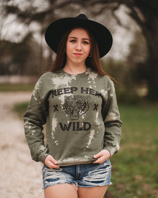 "Keep Her Wild" Tiger Graphic Bleached Sweatshirt